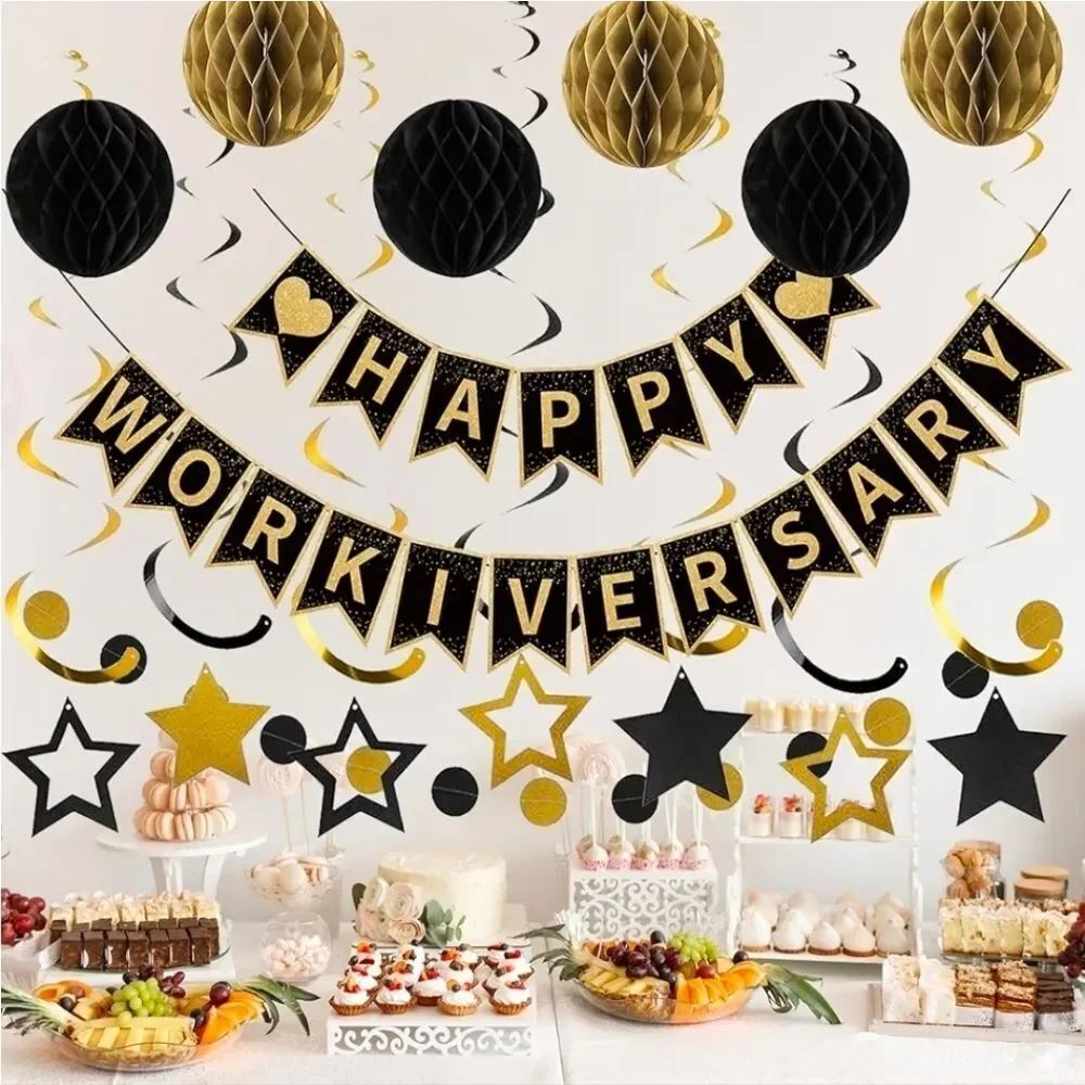💬🔸️🅰️NIB Black & Gold Happy Workiversary Party Decor Set
